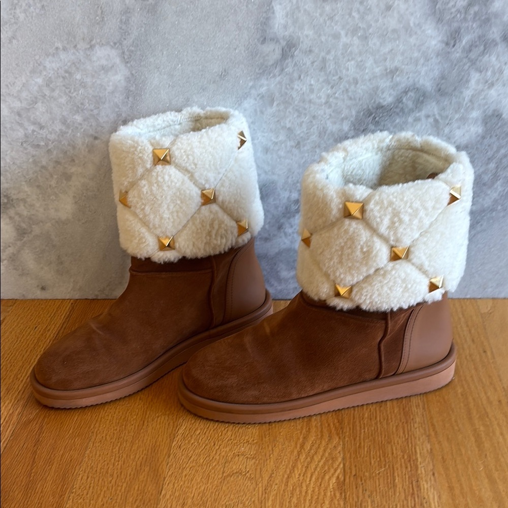 Valentino Brown and Cream Boots with Gold Studs